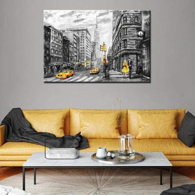 Dipinto taxi giallo vintage New York in bianco e nero