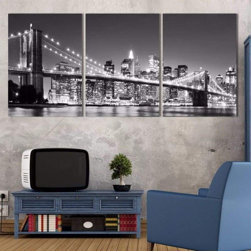 Dipinto Vintage New York Manhattan Bridge di notte